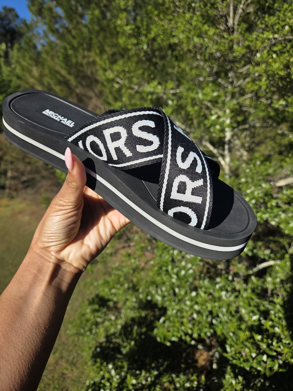MICHAEL Michael Kors Black and White Logo Crossband Platform Flip-Flops